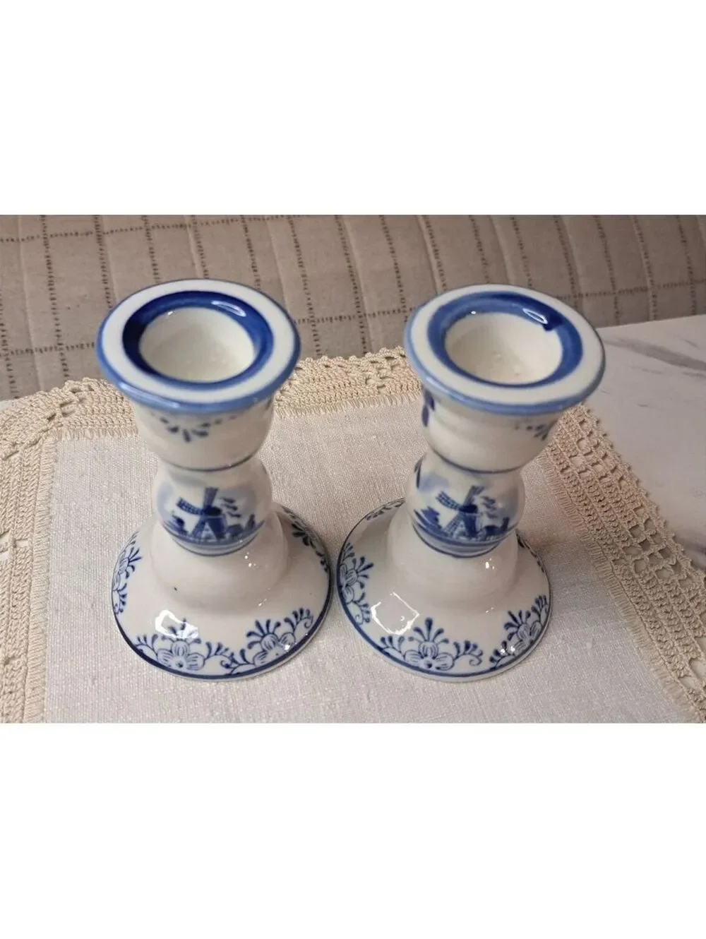Vintage Set of 2 Blue & White Dutch Delft Style Ceramic Candle Holders